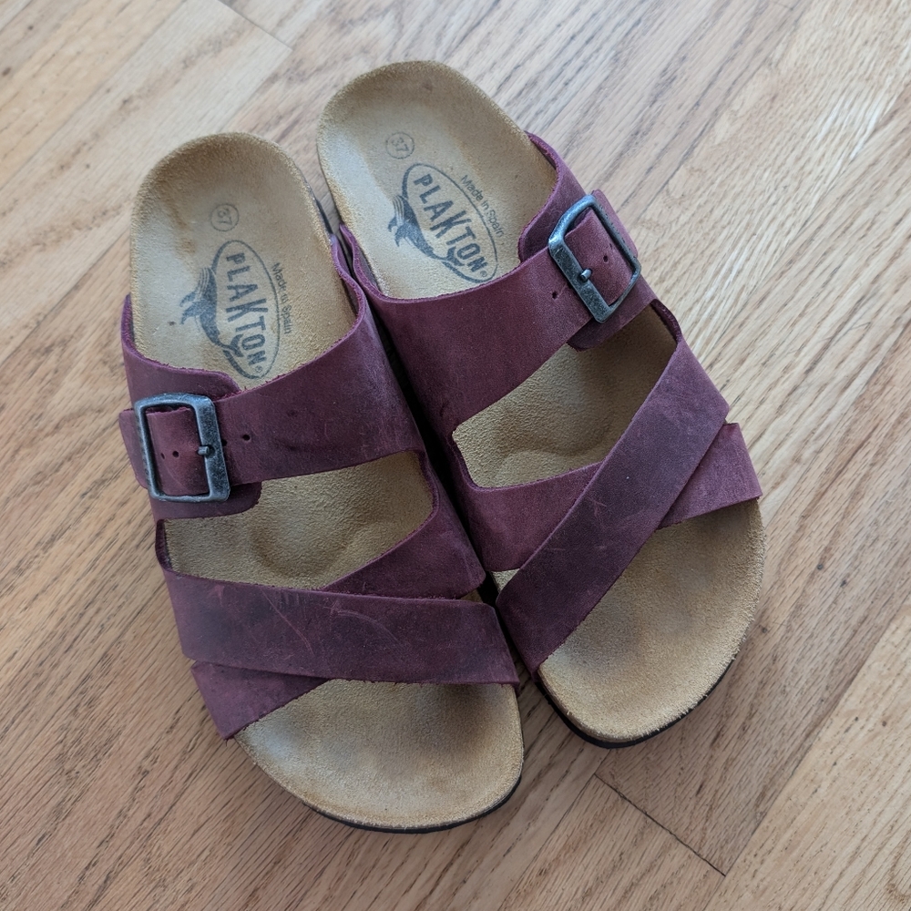 { Plakton } Two Strap Buckle Sandals 🍷 Wine Red Leather